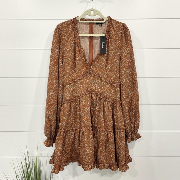 NWT Lulu's Admire You Rust Floral Print Ruffled Long Sleeve Dress XL. - Picture 4 of 4